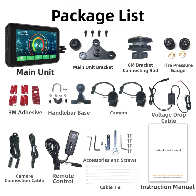 5,5 collu motocikla braukšanas ierakstītājs Bezvadu Carplay projekcijas ekrāna navigācija Riepu spiediena noteikšana Priekšējā un aizmugurējā dubultā lēca