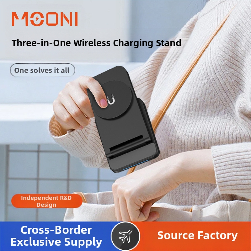 Piemērots Apple bezvadu lādētājam ar trīskāršu magnētisko piesūcekni, salokāmu, pārnēsājamu, ātru uzlādi, mobilā tālruņa austiņām un pulksteņa bezvadu uzlādei