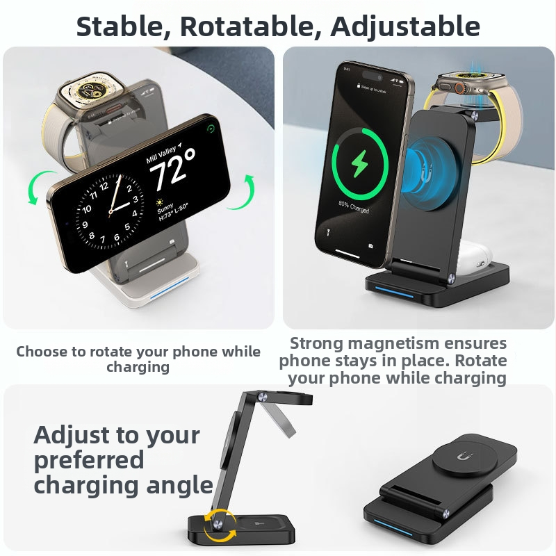 Подходящо за безжично зарядно за Apple, три в едно, магнитно, сгъваемо, преносимо, бързо зареждане, мобилен телефон, слушалки, часовник, безжично зареждане
