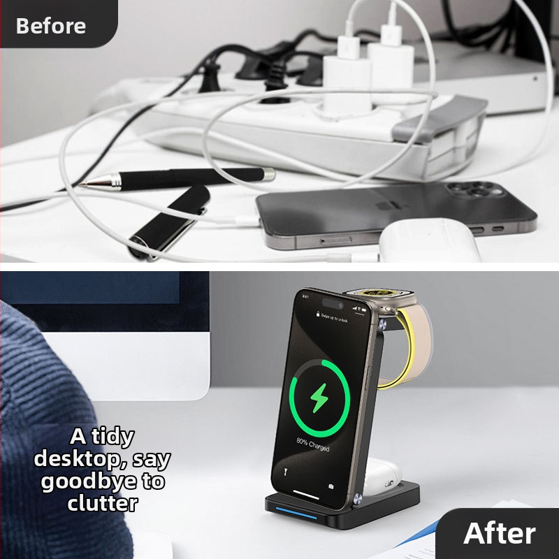 Подходящо за безжично зарядно за Apple, три в едно, магнитно, сгъваемо, преносимо, бързо зареждане, мобилен телефон, слушалки, часовник, безжично зареждане