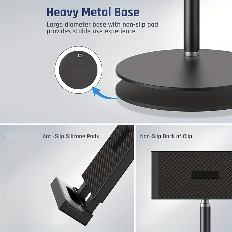 Metalinis tiesioginio transliavimo stovas, tinkantis mobiliesiems telefonams, planšetiniams kompiuteriams, „iPad“ planšetiniams kompiuteriams, teleskopinis, pasukamas, skirtas naudoti tinginiams, stalinis, reguliuojamo aukščio