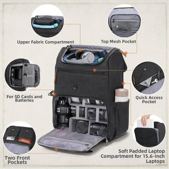 Paprasta kasdienė lauko kuprinė fotografijai, vandeniui atspari ir dilimui atspari drobinė kuprinė mokyklinei rankinei