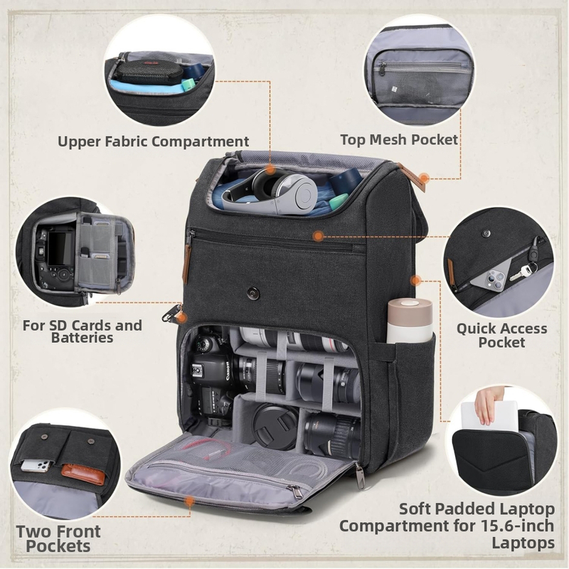 Обикновена ежедневна раница за фотография на открито, водоустойчива и устойчива на износване платнена раница, ученическа чанта