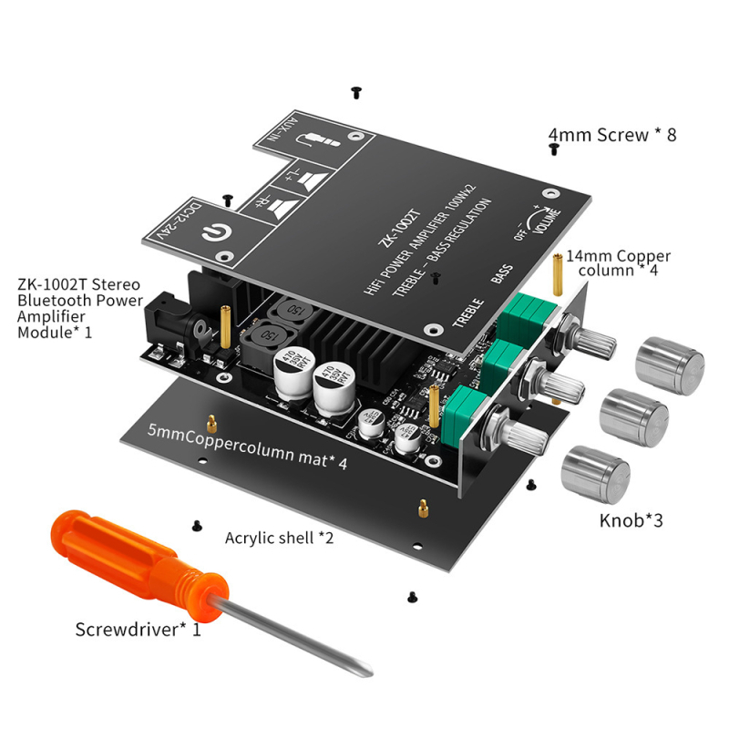 ZK-1002T Bluetooth аудио усилвател на мощност модул 100W * 2 високочестотни регулиращи субуфера двуканален стерео