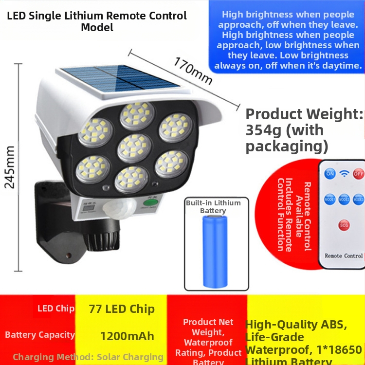 Piiriülene kaugjuhtimispult päikeseenergia simulatsiooni jälgimislamp induktsioontänavalamp seinalamp aialamp LED võltskaamera vargusvastane lamp