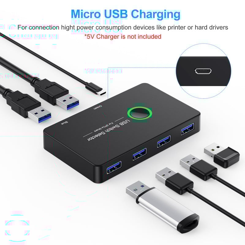 USB3.0 превключвател, 4 порта, 2 компютърни периферни устройства, адаптер, USB хъб, KTV превключвател