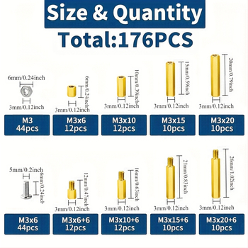 Месингова едно- и двупроходна шестоъгълна медна колона, подходяща за винт с кръгла глава Phillips, смесена трансгранична 176 бр. винт в кутия