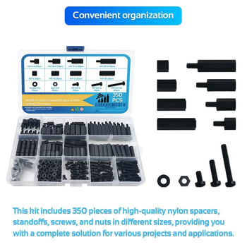 350 vnt. M3 juodo vyriško nailono šešiakampio tarpiklio atstumiamųjų varžtų veržlių rinkinys, asortimentas