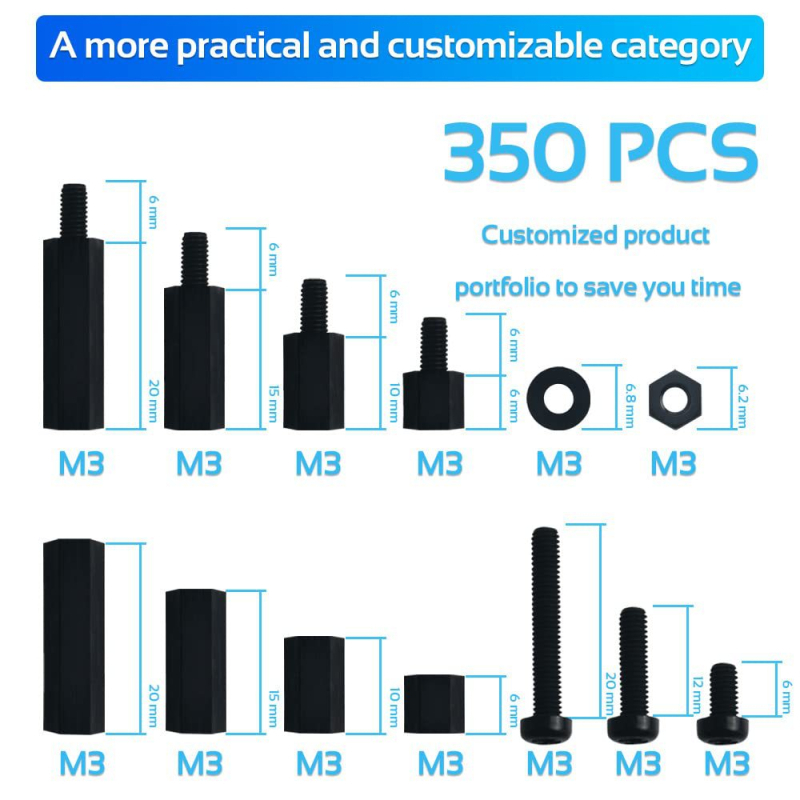 350 vnt. M3 juodo vyriško nailono šešiakampio tarpiklio atstumiamųjų varžtų veržlių rinkinys, asortimentas