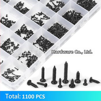 Tarpvalstybinis tiekimas 1100 vnt. anglinio plieno juodų kryžminių apvalių galvučių savisriegių varžtų, tinkančių savisriegiams varžtams su plokščia galvute, dėžutėje