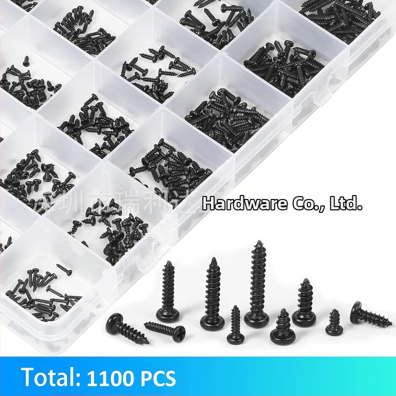 Трансгранична доставка 1100 бр. самонарезни винтове от въглеродна стомана с черна кръстата кръгла глава, подходящи за самонарезни винтове с полуотворена глава в кутия
