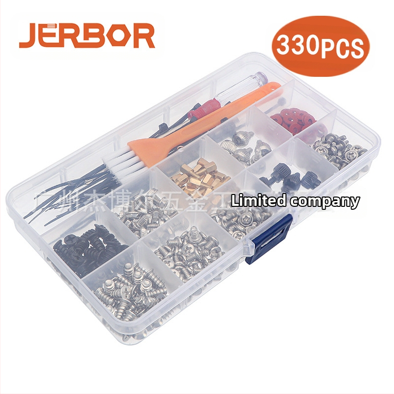 330 vnt. dėžutėje esančių kryžminių įleidžiamųjų galvučių varžtų, stalinio važiuoklės tvirtinimo varžtų, atsuktuvų kombinuotų komplektų