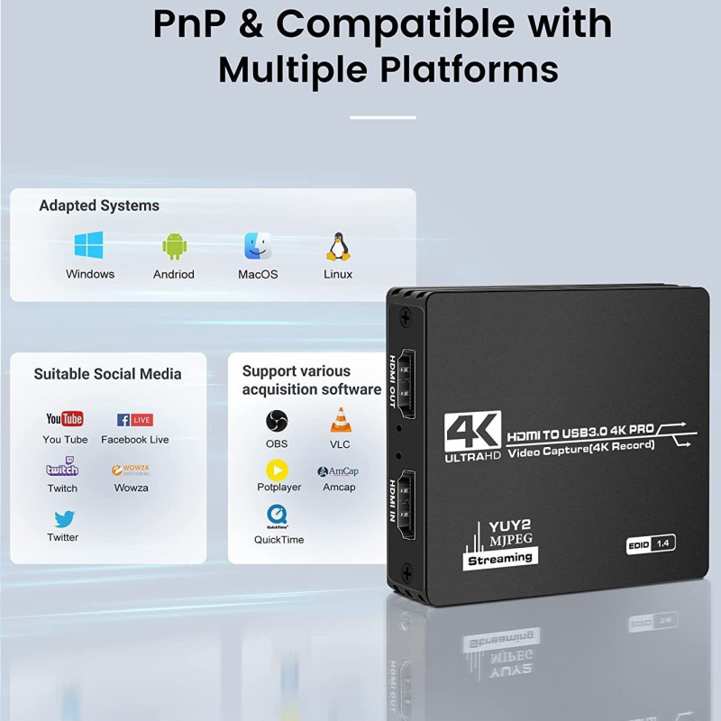 4K videokaardi kõrglahutusega videosalvestuskassett, heli sisend, toetab Yuy2 Mjpeg salvestusvormingut