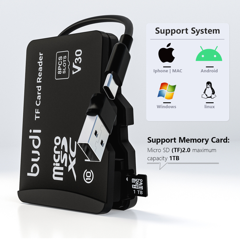 Budi multifunktsionaalne kaardilugeja mahutab 8 TF-kaarti. Budi TF-kaardilugeja on uus ja loominguline.