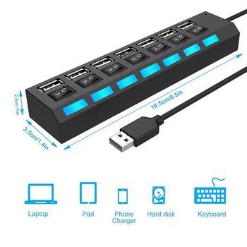 7 prievadų šakotuvas, 7 prievadų skirstytuvas, 7 prievadų šakotuvas su nepriklausomu jungikliu ir lempute, 7 skylių ilgintuvas, daugiasąsaja