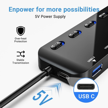 USB 3.0 7 prievadų šakotuvas, nuo vieno iki keturių, USB 3.0 šakotuvo gamintojas, 7 prievadų komutatorius