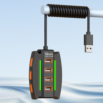 Naujas spalvingas RGB USB 10 prievadų šakotuvas, vieno iki dešimties jungčių kabelis, USB didelės spartos ilgintuvas, kurį galima maitinti iš išorės.