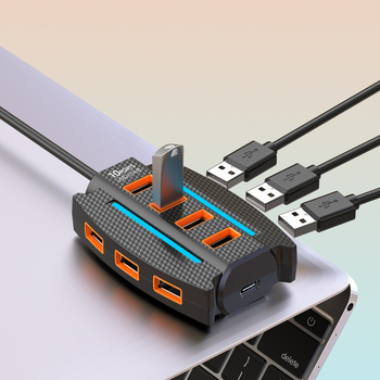 Naujas spalvingas RGB USB 10 prievadų šakotuvas, vieno iki dešimties jungčių kabelis, USB didelės spartos ilgintuvas, kurį galima maitinti iš išorės.