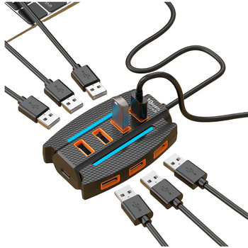 Naujas spalvingas RGB USB 10 prievadų šakotuvas, vieno iki dešimties jungčių kabelis, USB didelės spartos ilgintuvas, kurį galima maitinti iš išorės.