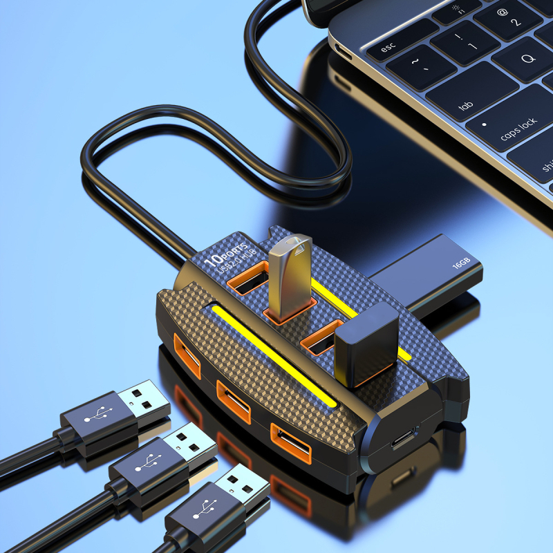 Naujas spalvingas RGB USB 10 prievadų šakotuvas, vieno iki dešimties jungčių kabelis, USB didelės spartos ilgintuvas, kurį galima maitinti iš išorės.