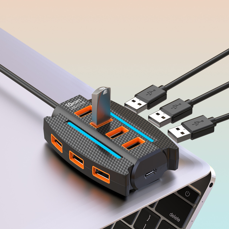 Naujas spalvingas RGB USB 10 prievadų šakotuvas, vieno iki dešimties jungčių kabelis, USB didelės spartos ilgintuvas, kurį galima maitinti iš išorės.