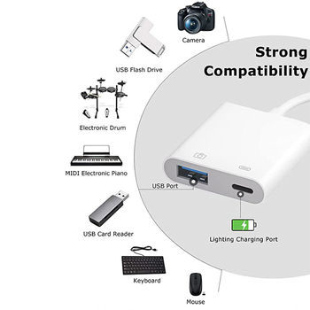 Taikoma „Apple OTG“ kortelių skaitytuvo kameros rinkiniui, mobiliojo telefono adapterio adapteriui, didelės srovės šakotuvui