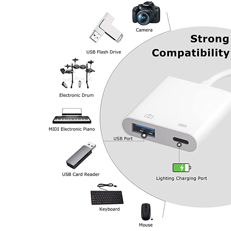 Taikoma „Apple OTG“ kortelių skaitytuvo kameros rinkiniui, mobiliojo telefono adapterio adapteriui, didelės srovės šakotuvui