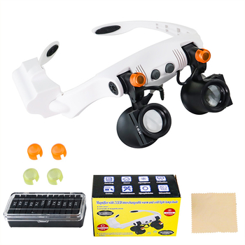 Akiniai didinamuoju stiklu, keičiantis šaltą ir šiltą šviesą, 2 LED lemputės, elektroninė priežiūra, didelės galios ant galvos tvirtinamas didinamasis stiklas, didmeninė prekyba