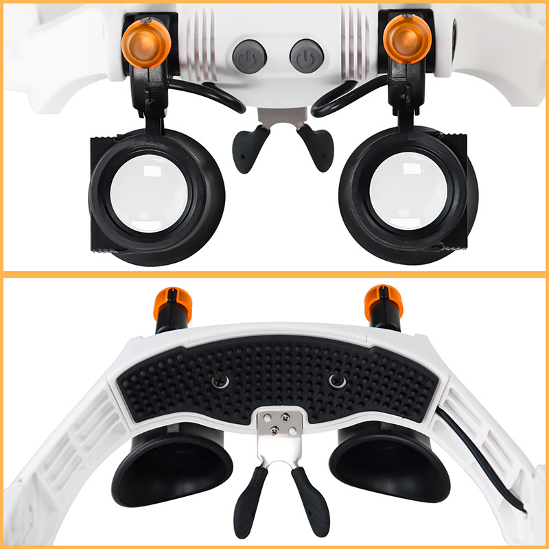 Akiniai didinamuoju stiklu, keičiantis šaltą ir šiltą šviesą, 2 LED lemputės, elektroninė priežiūra, didelės galios ant galvos tvirtinamas didinamasis stiklas, didmeninė prekyba