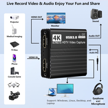 USB3.0 videokaardi HDMI4K salvestuskasti mängu saatejuhi mikrofon 1080P salvesti 60FPS
