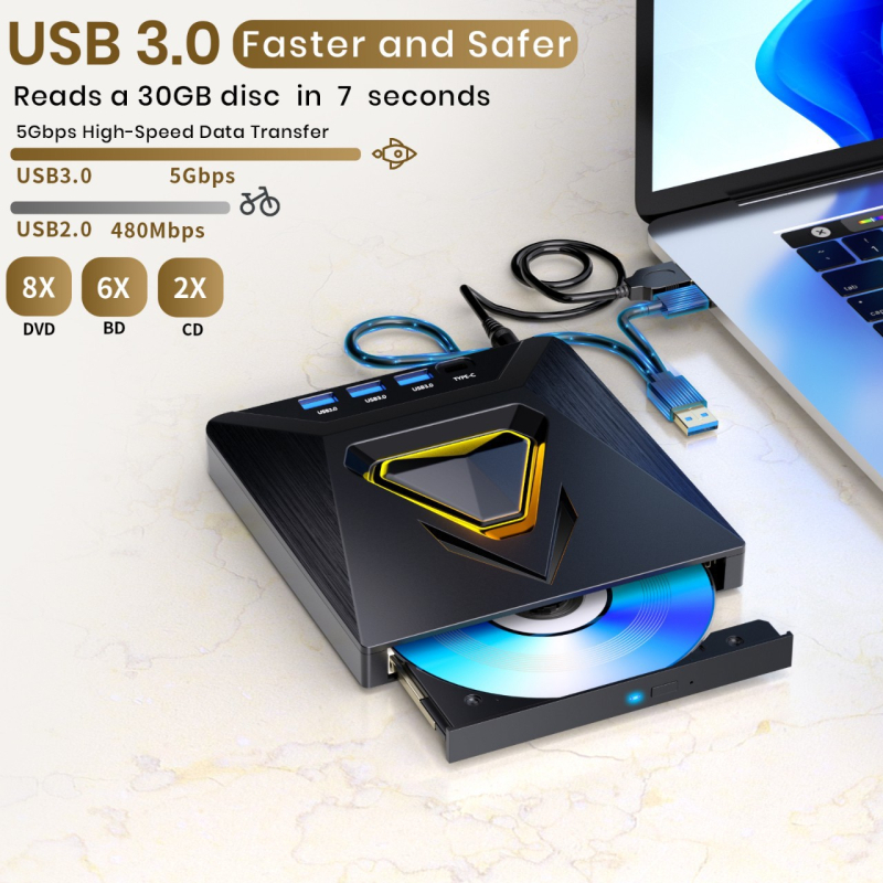 Unitate optică externă 8-în-1 USB și tip C, unitate de scriere DVD, vânzare directă din fabrică, model special pentru comerț exterior, Private Touch