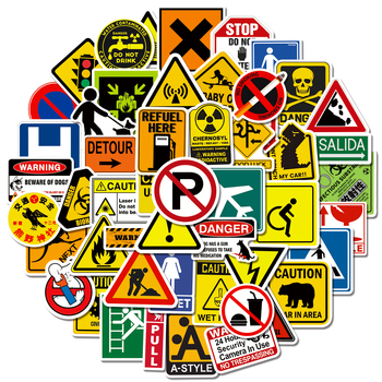 50 brīdinājuma zīmju uzlīmes, brīdinājuma zīmes, logotips, skrituļdēļa dekorācijas, ūdens krūzes, ūdensnecaurlaidīgas grafiti uzlīmes