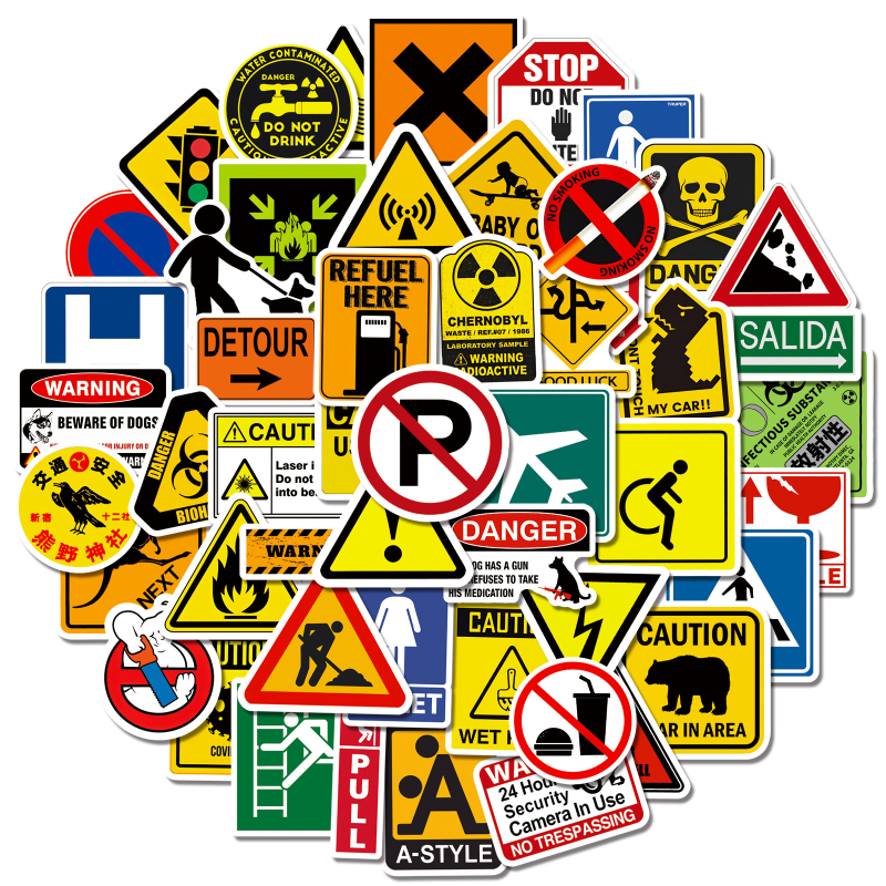 50 įspėjamųjų ženklų lipdukai, įspėjamieji ženklai, logotipas, riedlenčių dekoracijos, vandens puodeliai, vandeniui atsparūs grafiti lipdukai