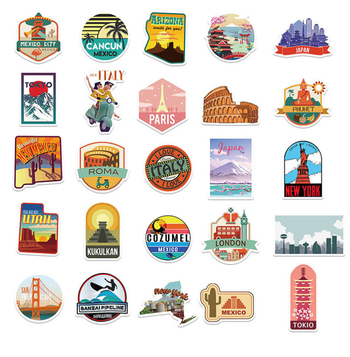50 darabos városi utazómatrica, poggyász, laptop, gitár, számítógép, víz, pohár, gördeszka, vízálló, barkács dekorációs matricák