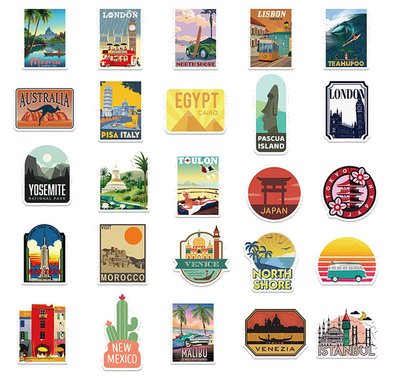 50 darabos városi utazómatrica, poggyász, laptop, gitár, számítógép, víz, pohár, gördeszka, vízálló, barkács dekorációs matricák