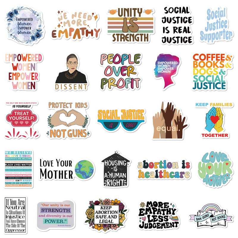 50 sotsiaalse õigluse kleebist, sülearvuti, käekonto, mobiiltelefoni ümbris, termoskruus, kaunistus, piiriülesed kleebised