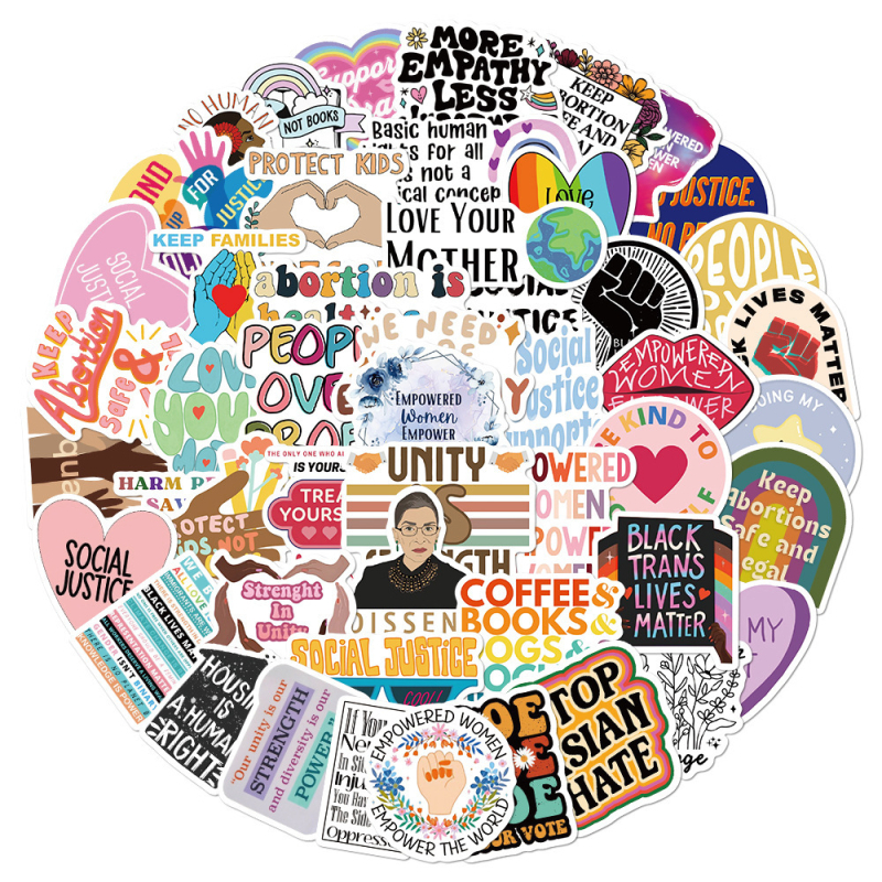 50 sotsiaalse õigluse kleebist, sülearvuti, käekonto, mobiiltelefoni ümbris, termoskruus, kaunistus, piiriülesed kleebised