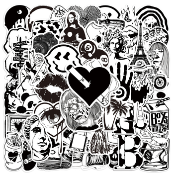 50 uut mustvalget kunstiteost, moebrändi kleebist, mootorrattakiivri kleebist, arvuti kleebist, mobiiltelefoni kleebist, veekindlat pagasikleebist