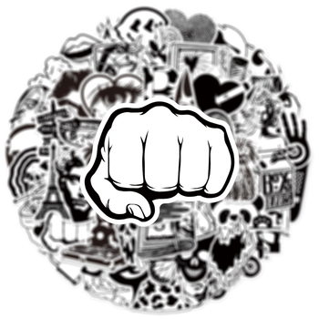 50 uut mustvalget kunstiteost, moebrändi kleebist, mootorrattakiivri kleebist, arvuti kleebist, mobiiltelefoni kleebist, veekindlat pagasikleebist