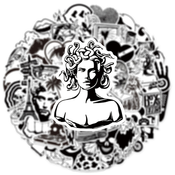 50 uut mustvalget kunstiteost, moebrändi kleebist, mootorrattakiivri kleebist, arvuti kleebist, mobiiltelefoni kleebist, veekindlat pagasikleebist