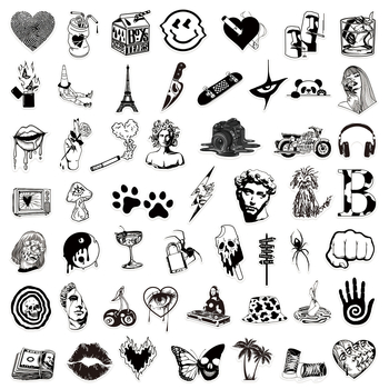 50 uut mustvalget kunstiteost, moebrändi kleebist, mootorrattakiivri kleebist, arvuti kleebist, mobiiltelefoni kleebist, veekindlat pagasikleebist