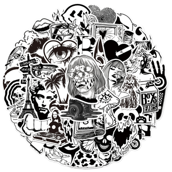 50 uut mustvalget kunstiteost, moebrändi kleebist, mootorrattakiivri kleebist, arvuti kleebist, mobiiltelefoni kleebist, veekindlat pagasikleebist