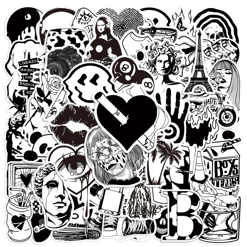 50 uut mustvalget kunstiteost, moebrändi kleebist, mootorrattakiivri kleebist, arvuti kleebist, mobiiltelefoni kleebist, veekindlat pagasikleebist