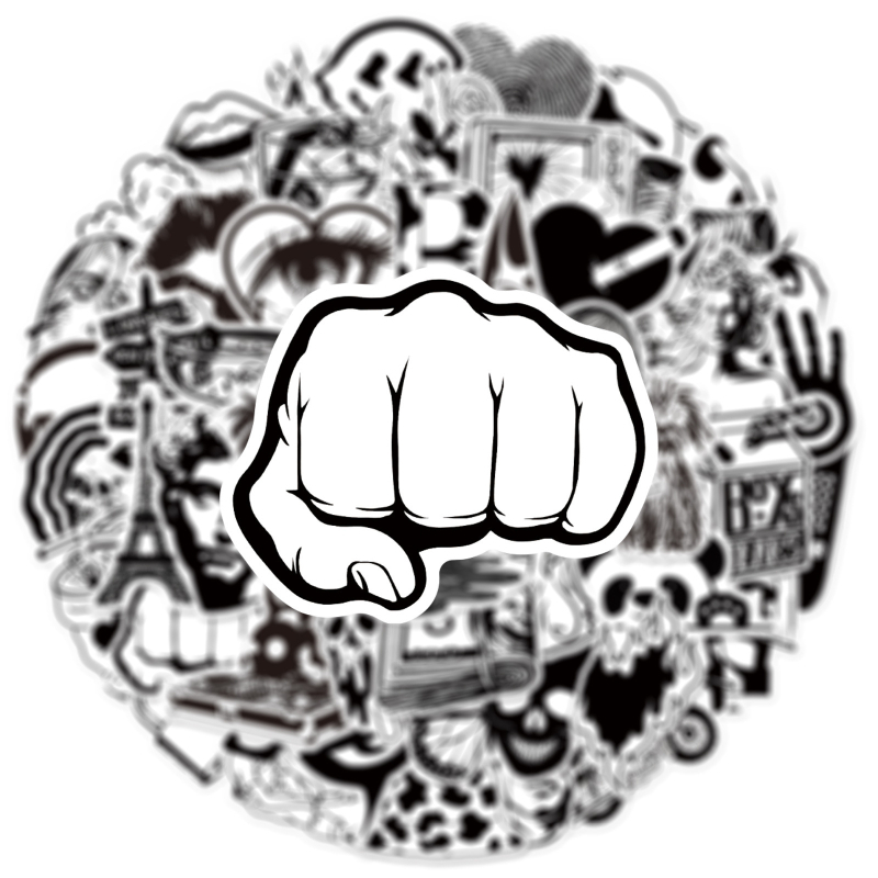 50 uut mustvalget kunstiteost, moebrändi kleebist, mootorrattakiivri kleebist, arvuti kleebist, mobiiltelefoni kleebist, veekindlat pagasikleebist