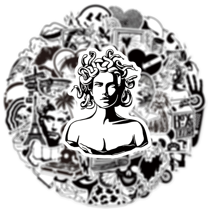 50 uut mustvalget kunstiteost, moebrändi kleebist, mootorrattakiivri kleebist, arvuti kleebist, mobiiltelefoni kleebist, veekindlat pagasikleebist