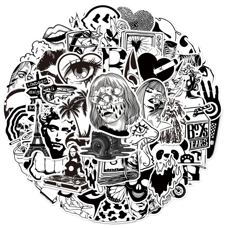 50 uut mustvalget kunstiteost, moebrändi kleebist, mootorrattakiivri kleebist, arvuti kleebist, mobiiltelefoni kleebist, veekindlat pagasikleebist