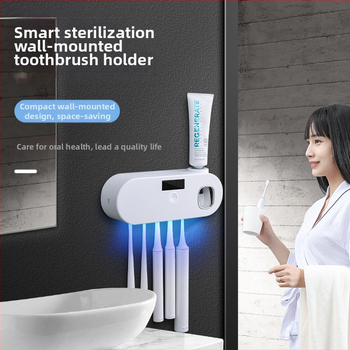Pažangus UV sterilizavimo dantų šepetėlių laikiklis su automatiniu dantų pastos spaustuku, be perforatoriaus, montuojamas ant sienos