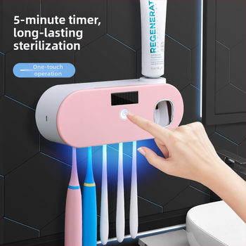 Pažangus UV sterilizavimo dantų šepetėlių laikiklis su automatiniu dantų pastos spaustuku, be perforatoriaus, montuojamas ant sienos