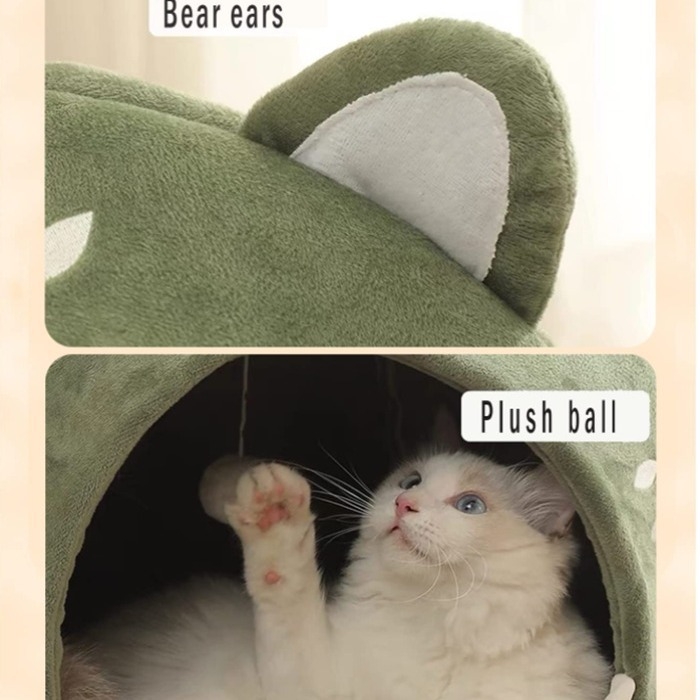 Aranyos Barlang Macskafekhely Függő Játékkal Nyugtató Kockás Puha Macskaház Hordozható Nem Deformálódó Kisállat Fészek