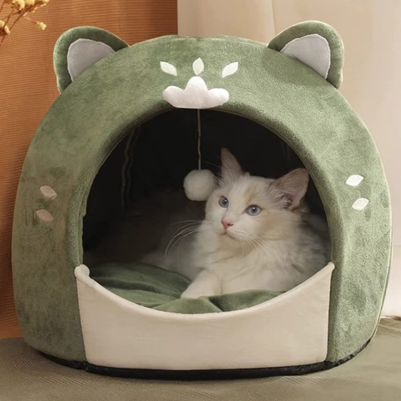 Aranyos Barlang Macskafekhely Függő Játékkal Nyugtató Kockás Puha Macskaház Hordozható Nem Deformálódó Kisállat Fészek